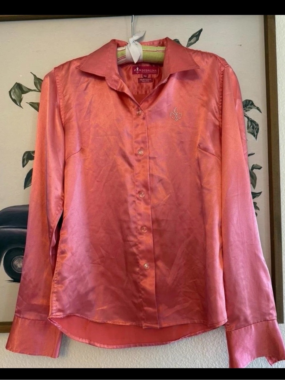 Silky Coral Egyptian Cotton Button-Up Blouse w Rhinestone Like Buttons